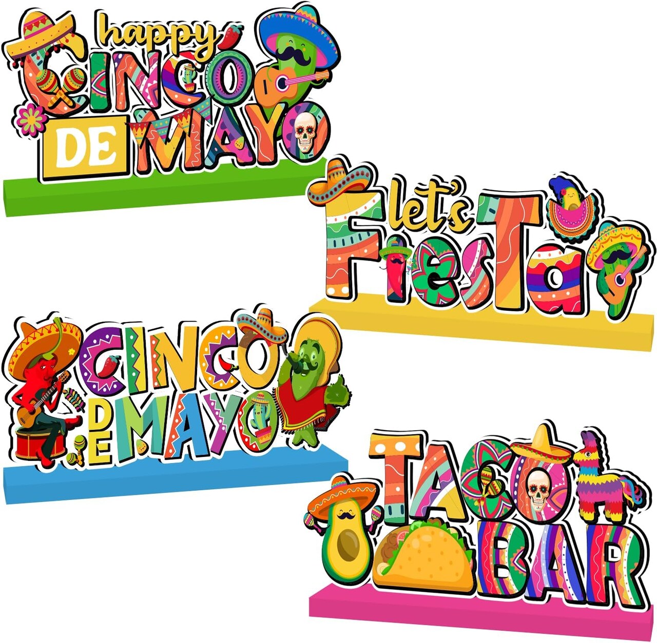 4-Pack Cinco de Mayo Wooden Table Centerpiece Set – “Happy Cinco de Mayo”, “Let’s Fiesta”, Taco Bar & Mexican Fiesta Table Decor Signs for Party, Tiered Tray & Home Decoration